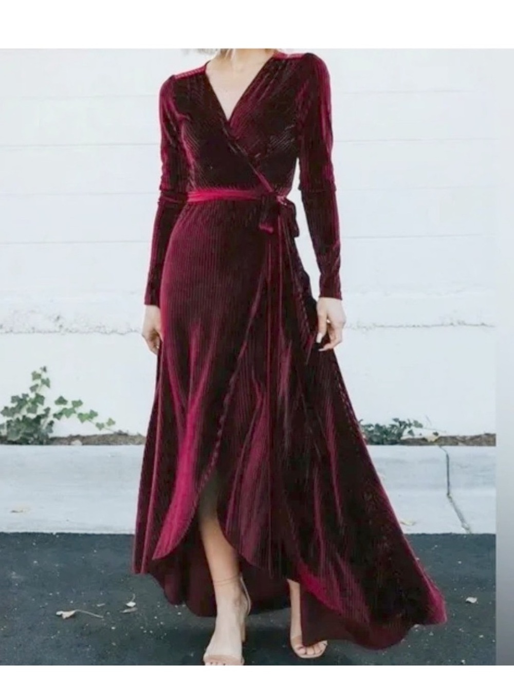 Baltic Born Jada ribbed Velvet Wrap Maxi Dress Burgundy high low long sleeve L